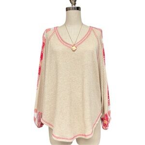 Chrysanthemum Thermal Patchwork Sleeve Top Boho Waffle Knit V-Neck Blouse Small